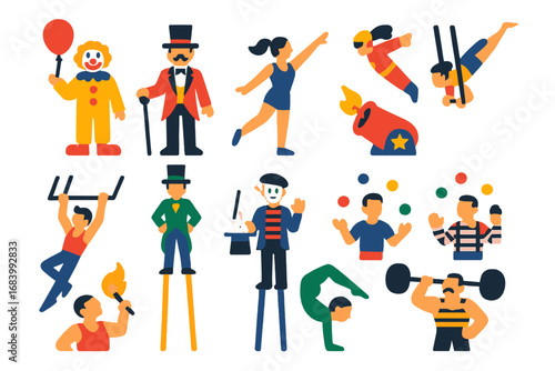 Circus Performer Icons. Flat vector icons of circus performers: clown with balloon, ringmaster with cane, female acrobat, human