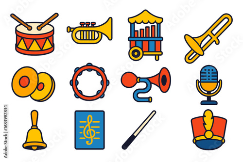 Circus Music Icons. Flat vector icons of circus music and instruments: snare drum, trumpet, calliope, trombone, cymbals,