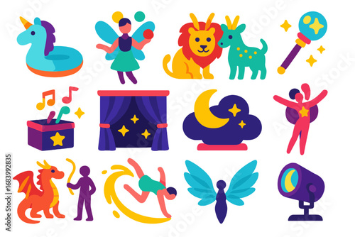 Fantasy Circus Icons. Flat vector icons of fantasy-themed circus: unicorn float, fairy juggler, magical beasts, glowing staff,