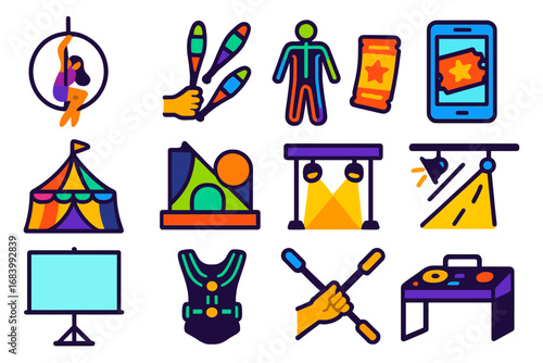 Modern Circus Icons. Flat vector icons of modern circus: aerial hoop artist, LED juggling, neon costumes, digital ticket,