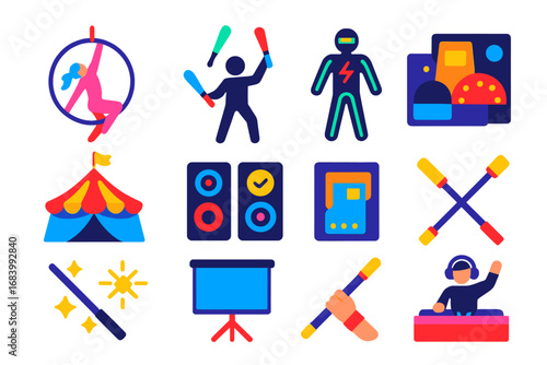Modern Circus Icons. Flat vector icons of modern circus: aerial hoop artist, LED juggling, neon costumes, digital ticket,
