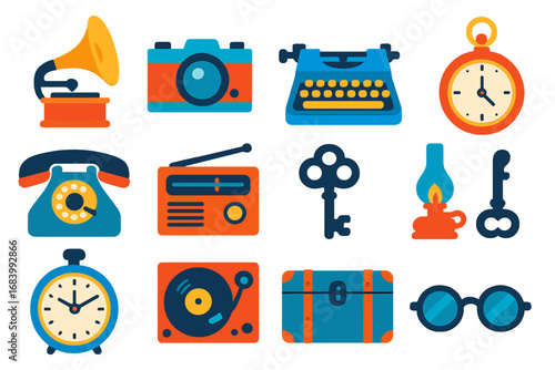 Vintage Icons Collection. Flat vector icons of vintage items: gramophone, old camera, typewriter, pocket watch, rotary phone,