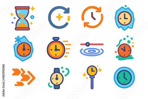 Time Magic Icons. Flat vector icons of time magic: hourglass spell, rewind symbol, time loop, frozen clock, speed glyph, timeline