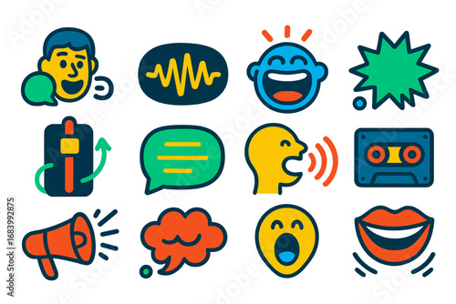 Voice Comedy Icons. Flat vector icons of voice comedy: funny impression, vocal wave, loud laugh, crackling sound, pitch modulator,