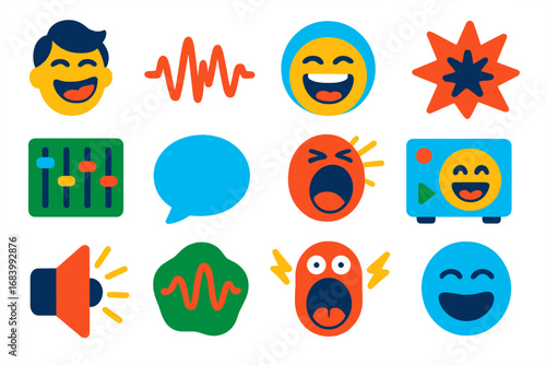 Voice Comedy Icons. Flat vector icons of voice comedy: funny impression, vocal wave, loud laugh, crackling sound, pitch modulator,