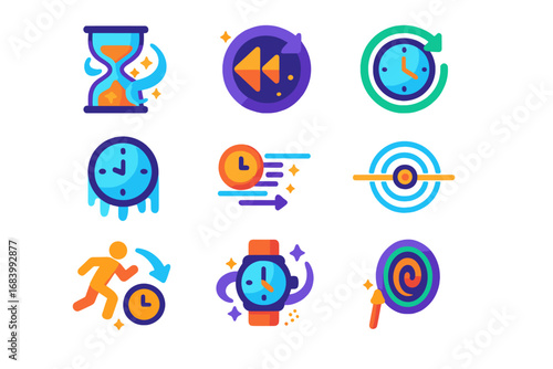Time Magic Icons. Flat vector icons of time magic: hourglass spell, rewind symbol, time loop, frozen clock, speed glyph, timeline