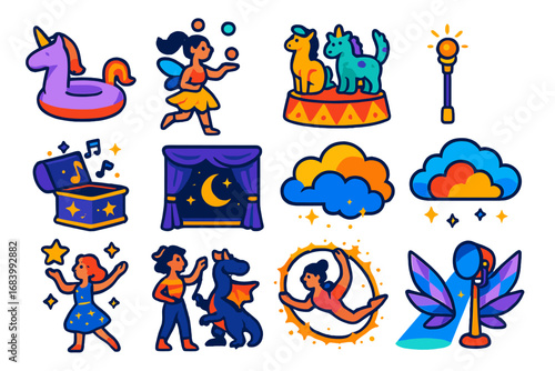 Fantasy Circus Icons. Flat vector icons of fantasy-themed circus: unicorn float, fairy juggler, magical beasts, glowing staff,