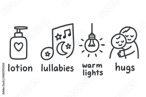Bedtime Doodle Icons. Kids bedtime wind-down doodle set: hand drawn icons for lotion, lullabies, warm lights, and hugs, isolated