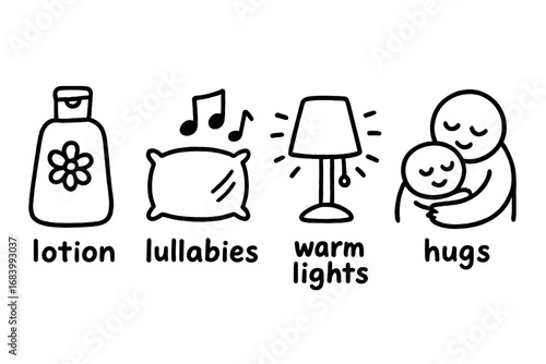 Bedtime Doodle Icons. Kids bedtime wind-down doodle set: hand drawn icons for lotion, lullabies, warm lights, and hugs, isolated