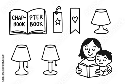 Bedtime Reading Icons. Bedtime book routine doodle set: hand drawn icons for chapter books, bookmarks, lamps, and cuddles,