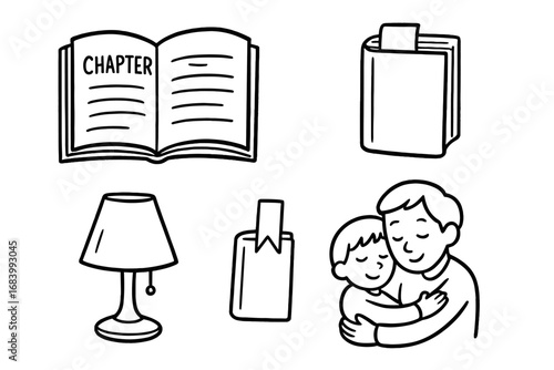 Bedtime Reading Icons. Bedtime book routine doodle set: hand drawn icons for chapter books, bookmarks, lamps, and cuddles,