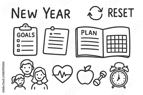 New Year Doodles. Family New Year reset doodle set: hand drawn icons for goals, planner pages, and health icons, isolated