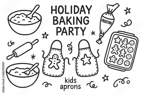 Holiday Baking Doodles. Holiday baking party doodle set: hand drawn icons for dough bowls, frosting, kids aprons, and cookie trays