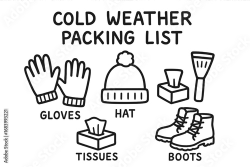 Cold Weather Essentials. Cold weather packing list doodle set: hand drawn icons for gloves, hats, car scraper, tissues, and boots,