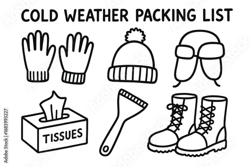 Cold Weather Essentials. Cold weather packing list doodle set: hand drawn icons for gloves, hats, car scraper, tissues, and boots,