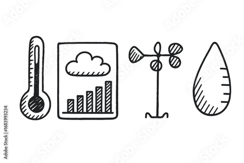 Weather Station Doodles. Family weather station doodle set: hand drawn icons for thermometer, cloud chart, wind spinner, and