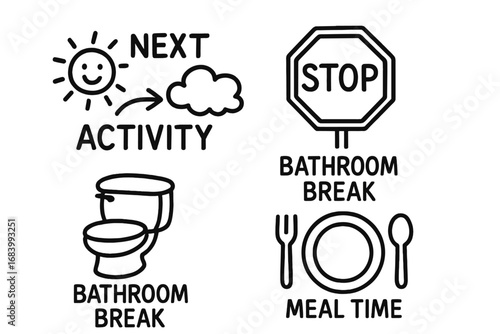 Toddler Transition Doodles. Toddler transition cards doodle set: hand drawn icons for next activity, stop sign, bathroom break,