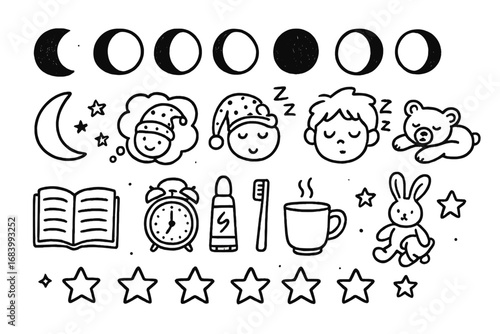 Kids Sleep Tracker Icons. Kids sleep tracker doodle set: hand drawn icons for moon phases, dream icons, bedtime routines, and