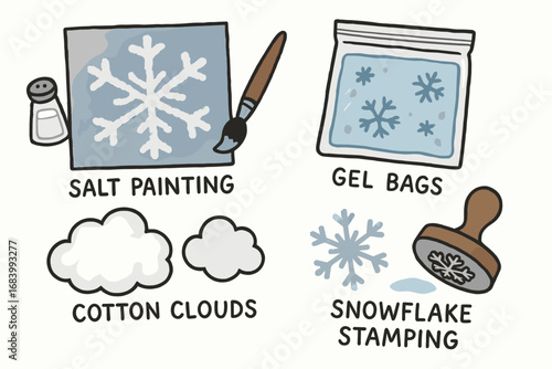 Winter Art Icons. Winter art and sensory combo doodle set: hand drawn icons for salt painting, gel bags, cotton clouds, and