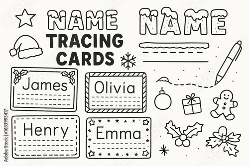 Holiday Name Cards. Holiday-themed name tracing cards doodle set: hand drawn icons for names, snow letters, pen guides, and