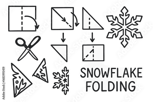 Snowflake Folding Guide. Snowflake folding tutorial doodle set: hand drawn icons for folds, scissors, symmetry steps, and final
