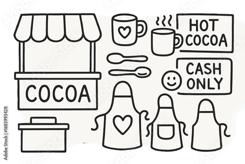 Preschool Cocoa Stand. Preschool cocoa stand pretend play doodle set: hand drawn icons for counters, aprons, cups, spoons, and
