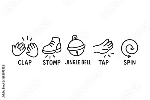 Toddler Rhythm Icons. Holiday rhythm cards for toddlers doodle set: hand drawn icons for clap, stomp, jingle bell, tap, and spin,