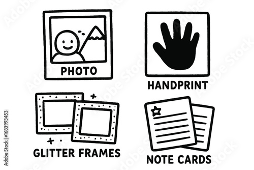 Holiday Craft Doodle Set. Holiday memory keepsake craft set doodle set: hand drawn icons for photos, handprints, glitter frames,