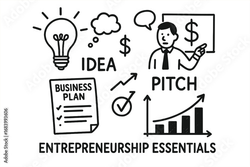 Entrepreneur Doodle Icons. Entrepreneurship essentials doodle set: hand drawn icons for ideas, pitches, business plans, and