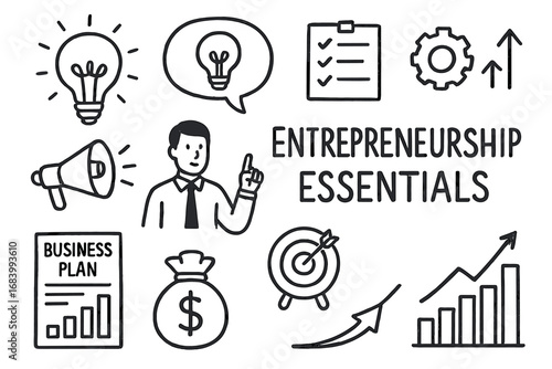 Entrepreneur Doodle Icons. Entrepreneurship essentials doodle set: hand drawn icons for ideas, pitches, business plans, and