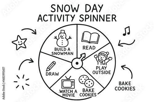 Kids' Snow Day Activities. Snow day activity spinner for kids doodle set: hand drawn icons for segments, pointer, activity doodles
