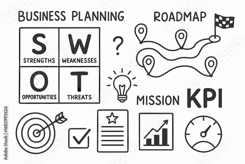 Business Planning Tools Doodle. Business planning tools doodle set: hand drawn icons for SWOT analysis, roadmaps, mission