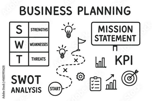 Business Planning Tools Doodle. Business planning tools doodle set: hand drawn icons for SWOT analysis, roadmaps, mission