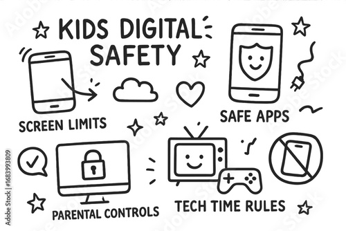 Kids Digital Safety Icons. Kids digital safety doodle set: hand drawn icons for screen limits, safe apps, parental controls, and