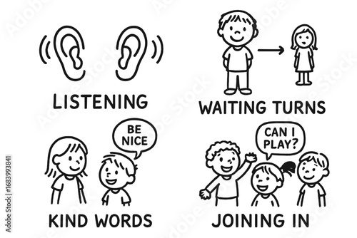 Children's Social Skills Icons. Children’s social skills doodle set: hand drawn icons for listening ears, waiting turns, kind