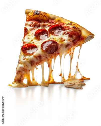 Deliciosa fátia de pizza com queijo derretido, isolada em fundo transparente.	