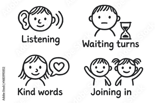 Children's Social Skills Icons. Children’s social skills doodle set: hand drawn icons for listening ears, waiting turns, kind