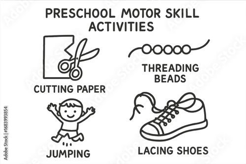 Preschool Activities Icons. Preschool motor skill activities doodle set: hand drawn icons for cutting paper, threading beads,