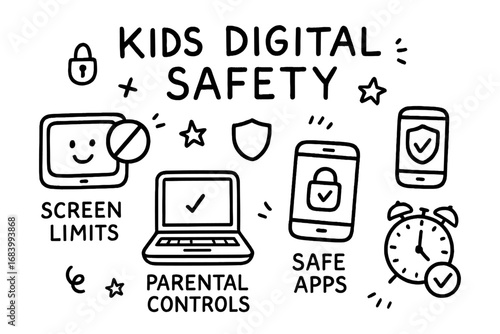 Kids Digital Safety Icons. Kids digital safety doodle set: hand drawn icons for screen limits, safe apps, parental controls, and