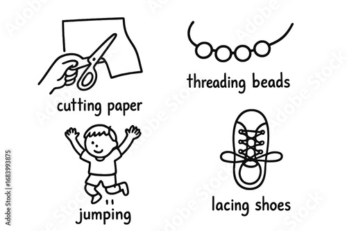 Preschool Activity Doodles. Preschool motor skill activities doodle set: hand drawn icons for cutting paper, threading beads,
