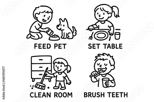 Children's Chore Icons. Children’s responsibility chart doodle set: hand drawn icons for feed pet, set table, clean room, and