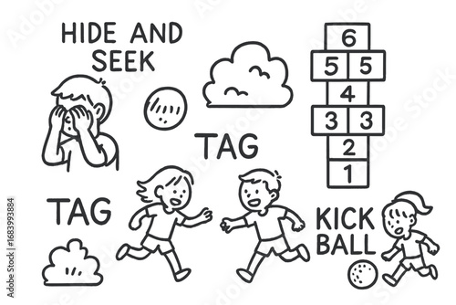 Kids Play Doodle. Kids neighborhood games doodle set: hand drawn icons for hide and seek, hopscotch, tag, and kickball, isolated