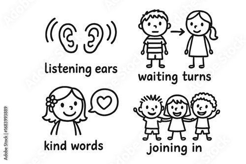 Social Skills Icons. Children’s social skills doodle set: hand drawn icons for listening ears, waiting turns, kind words, and