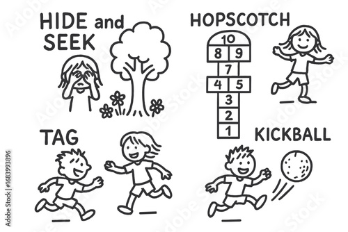 Kids Play Doodle. Kids neighborhood games doodle set: hand drawn icons for hide and seek, hopscotch, tag, and kickball, isolated