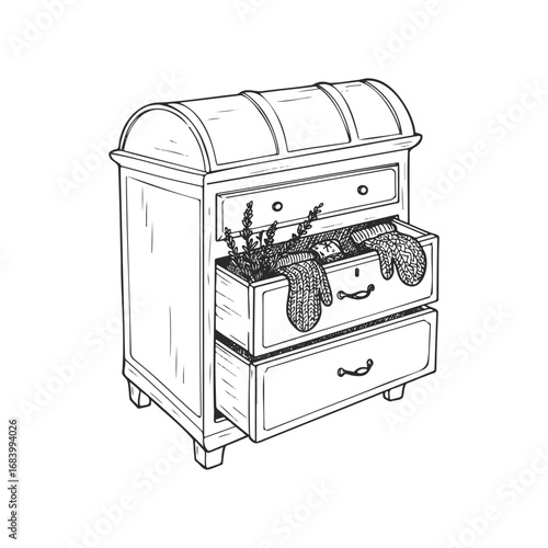 Vintage wooden chest with open drawers and knitwear sketch