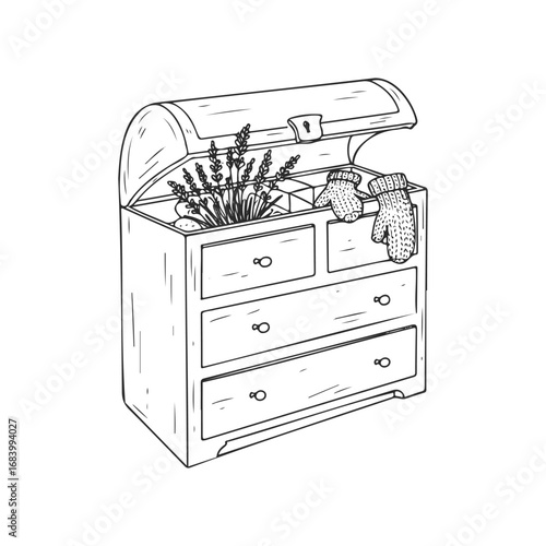 Open wooden chest with lavender, socks, and various items inside