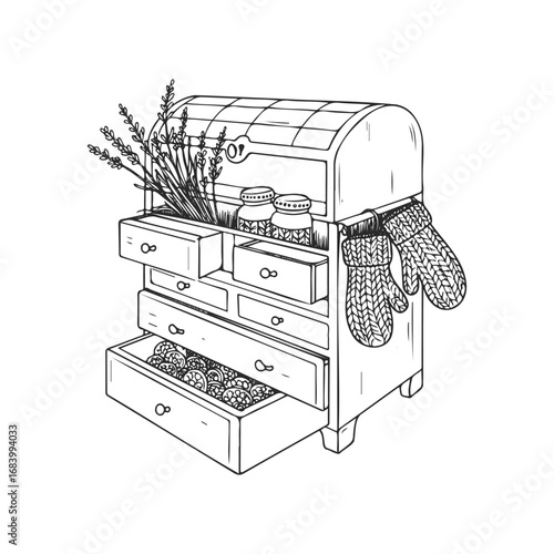 Vintage wooden cabinet with open drawers, mittens, lavender, and jars