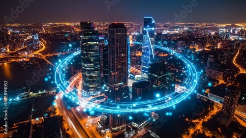 Wallpaper Mural Futuristic Cityscape at Night with Glowing Data Network Torontodigital.ca