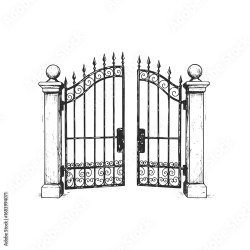 Ornate iron gate with stone pillars - classic black and white design