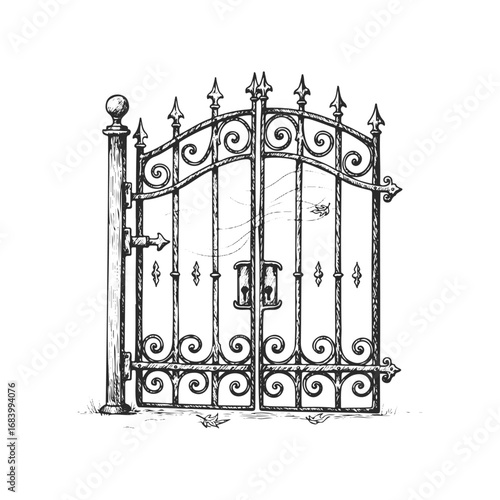 Decorative iron gate with ornate design and swirling patterns in vintage style